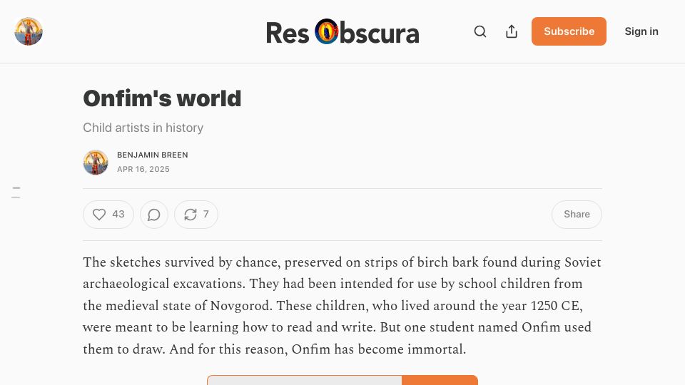 Screenshot of resobscura.substack.com: Onfim's world: Child artists in history
