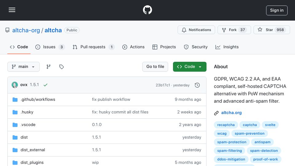 Screenshot of github.com: Lightweight open source reCaptcha alternative