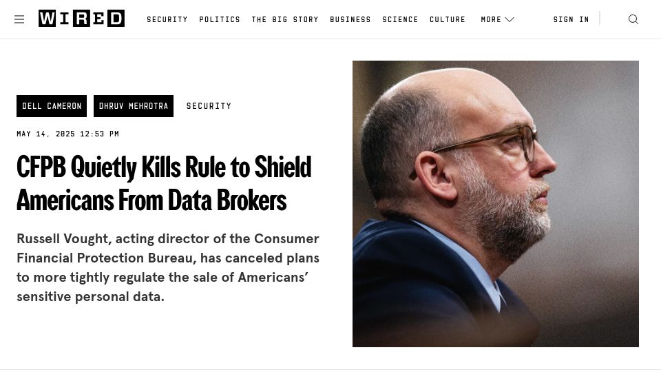 Screenshot of wired.com: CFPB Kills Rule to Shield Americans from Data Brokers