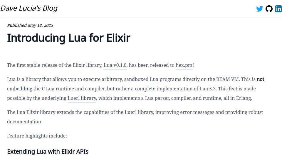 Screenshot of davelucia.com: Lua for Elixir