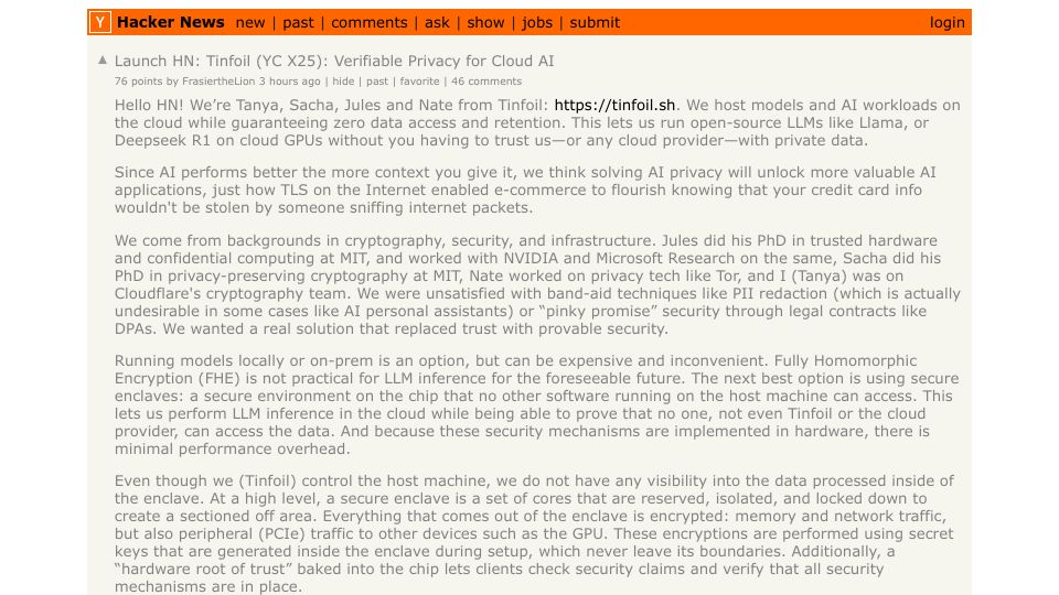 Screenshot of Hacker News post: Launch HN: Tinfoil (YC X25): Verifiable Privacy for Cloud AI