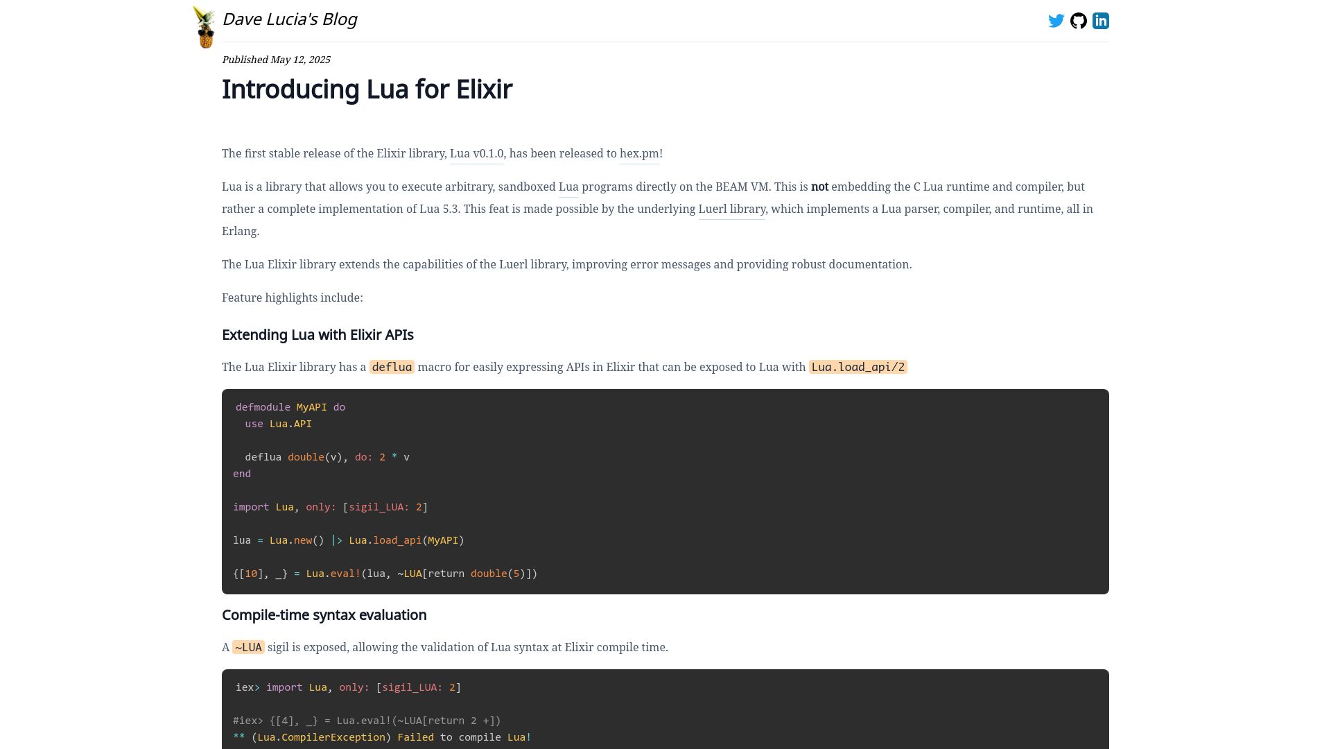 Screenshot of davelucia.com: Lua for Elixir