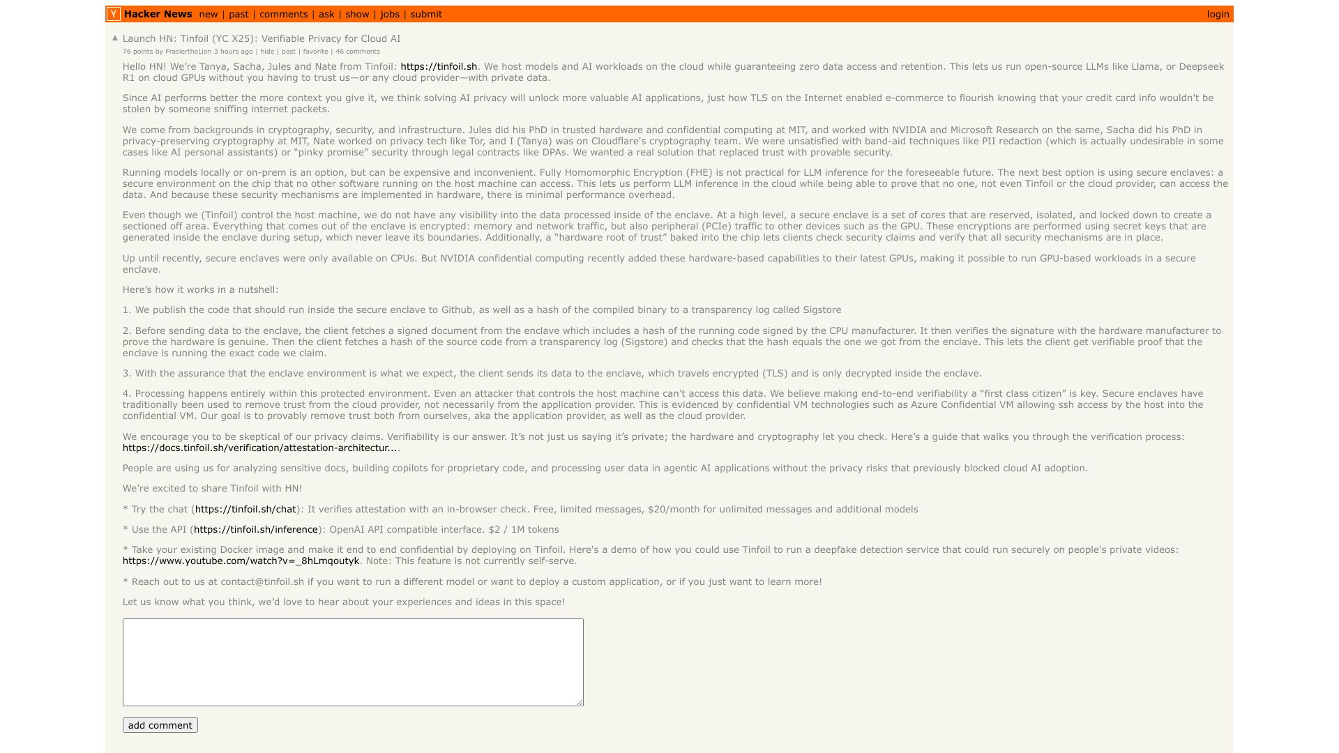 Screenshot of this Hacker News post: Launch HN: Tinfoil (YC X25): Verifiable Privacy for Cloud AI