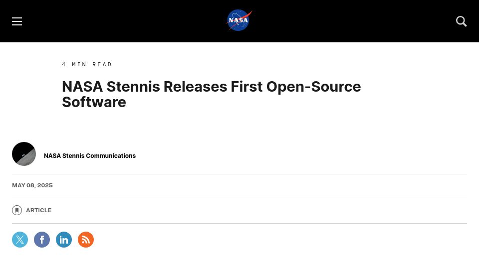 Screenshot of nasa.gov: NASA Stennis Releases First Open-Source Software
