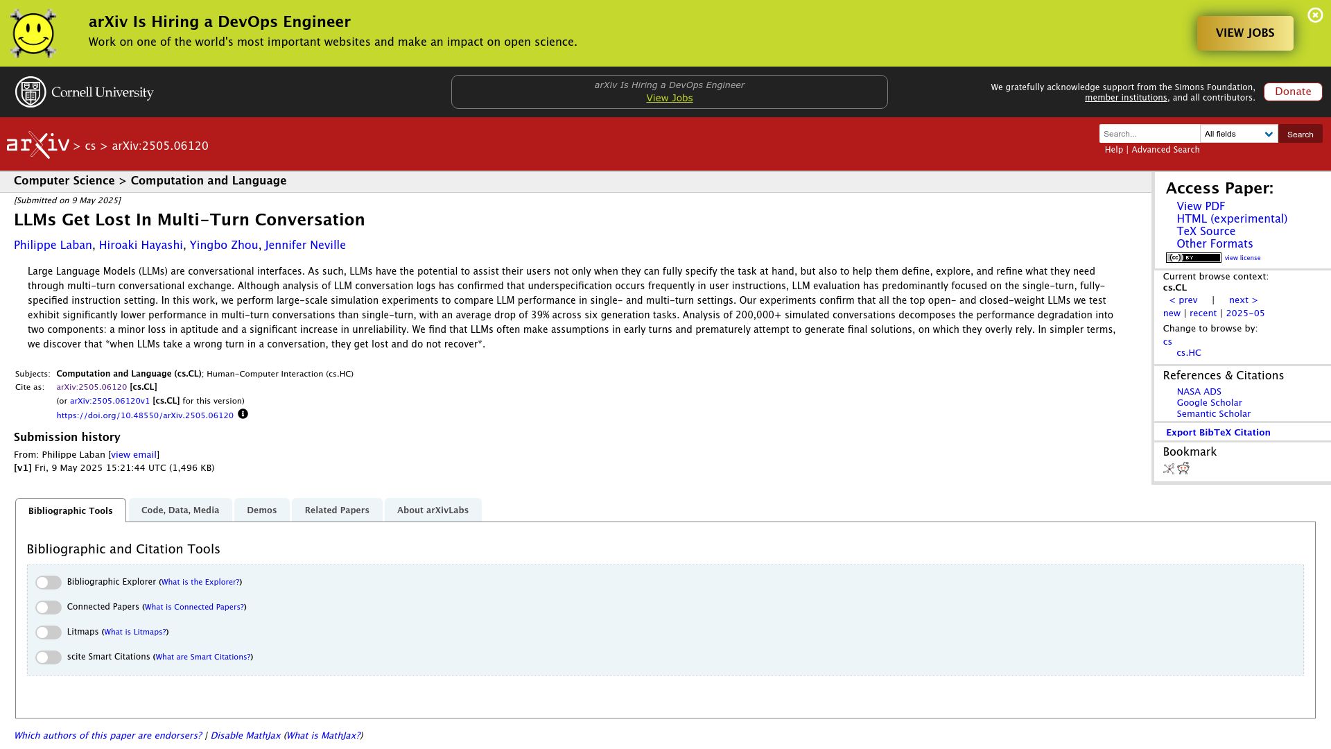 Screenshot of arxiv.org: LLMs get lost in multi-turn conversation