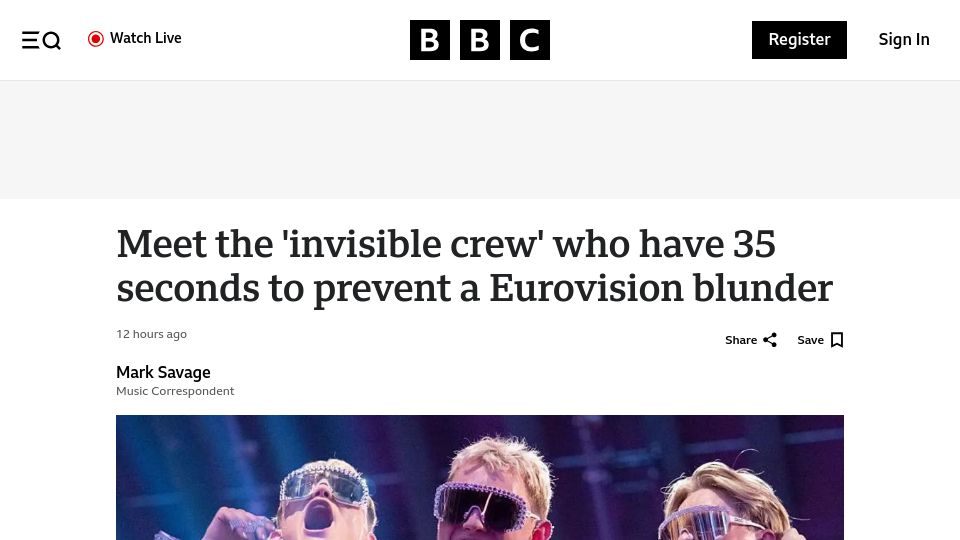 Screenshot of bbc.com: The 'invisible crew' who have 35 seconds to prevent a Eurovision blunder
