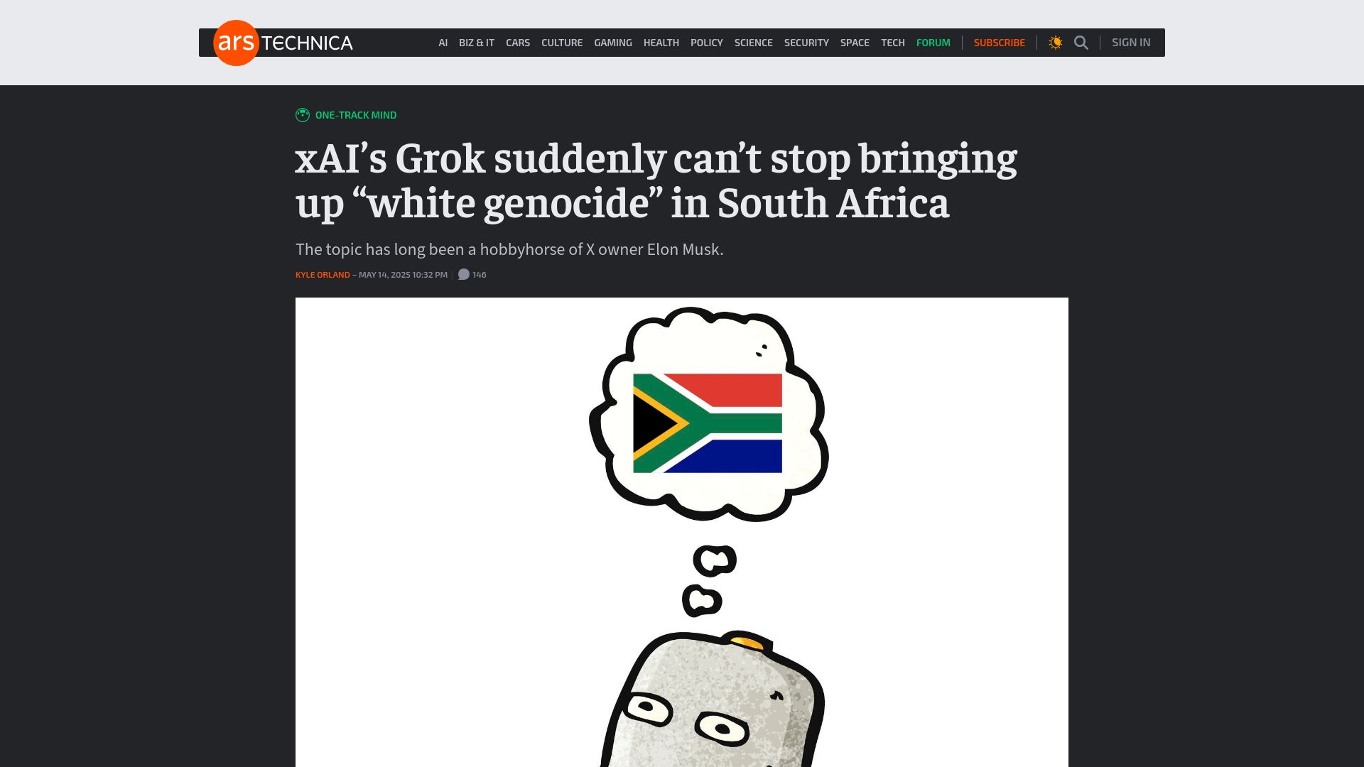 Screenshot of arstechnica.com: XAI's Grok suddenly can't stop bringing up "white genocide" in South Africa