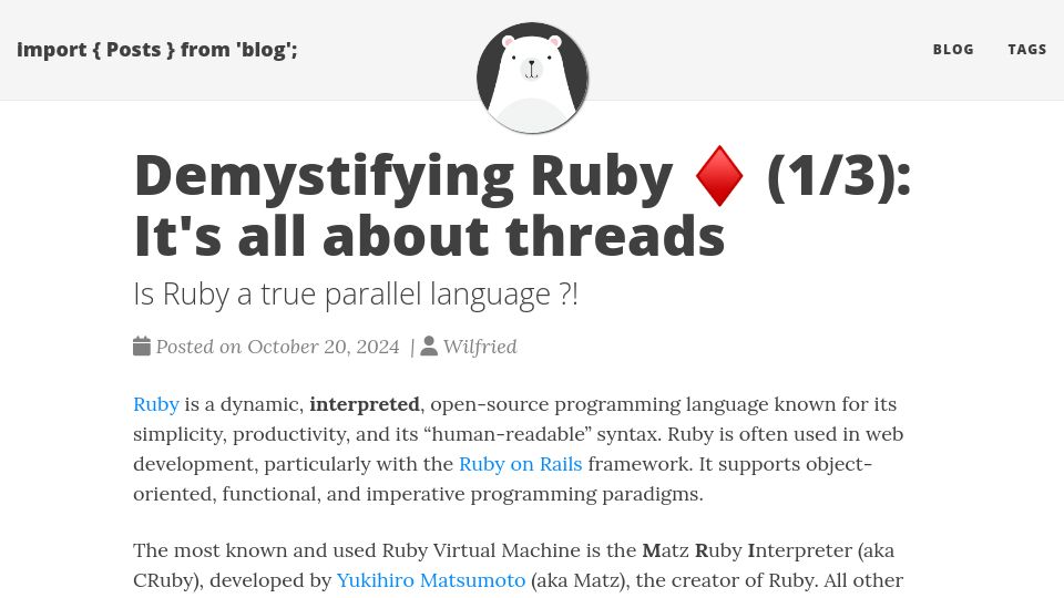 Screenshot of blog.papey.fr: Demystifying Ruby: It's all about threads (2024)