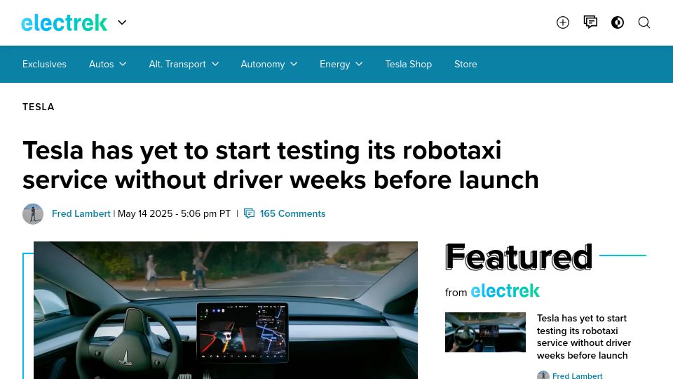 Screenshot of electrek.co: Tesla has yet to start testing its robotaxi without driver weeks before launch