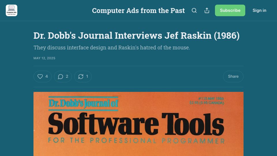Screenshot of computeradsfromthepast.substack.com: Dr. Dobb's Journal interviews Jef Raskin (1986)