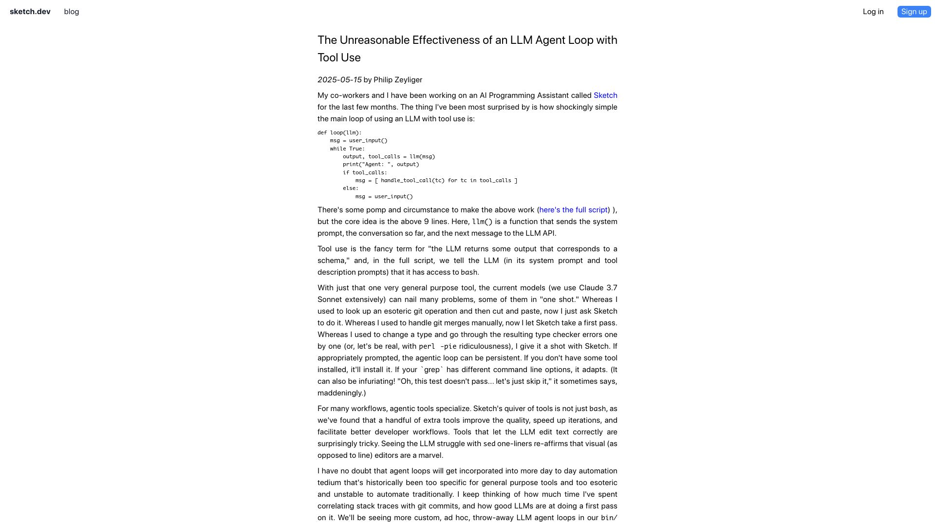 Screenshot of sketch.dev: The unreasonable effectiveness of an LLM agent loop with tool use