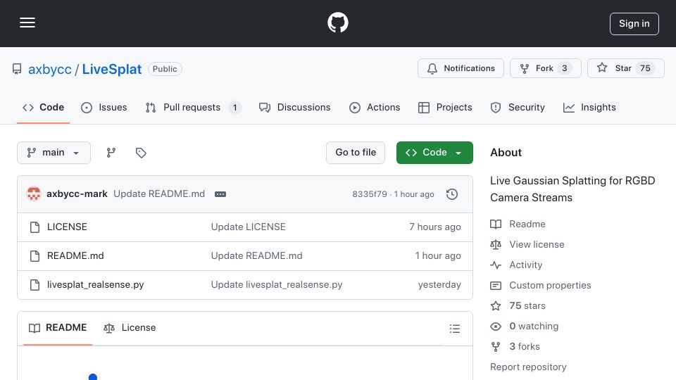 Screenshot of github.com: Show HN: Real-Time Gaussian Splatting
