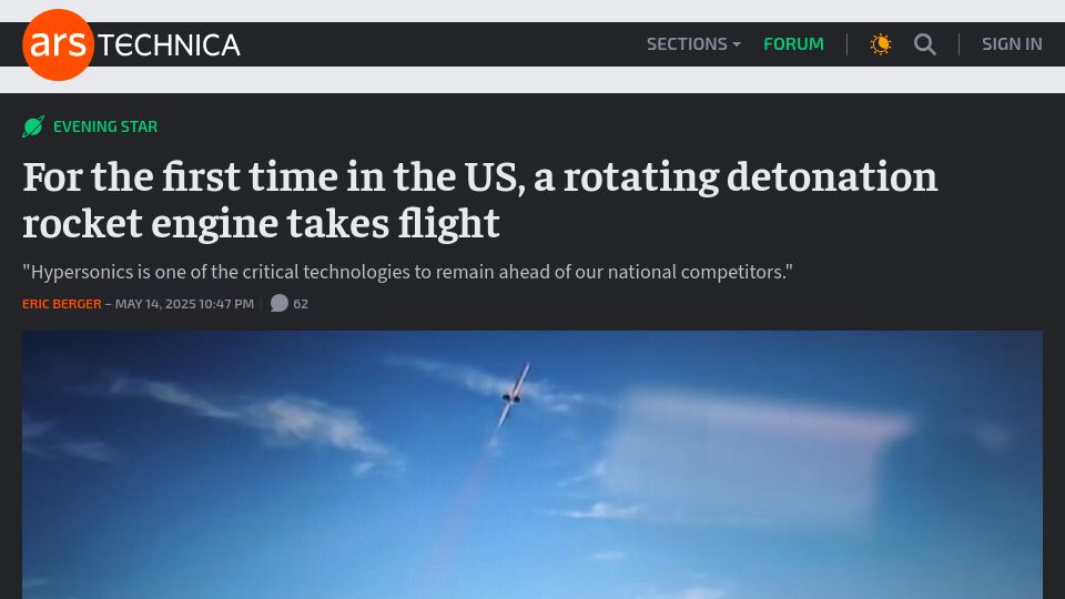 Screenshot of arstechnica.com: In the US, a rotating detonation rocket engine takes flight
