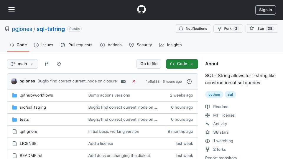 Screenshot of github.com: Show HN: SQL-tString a t-string SQL builder in Python