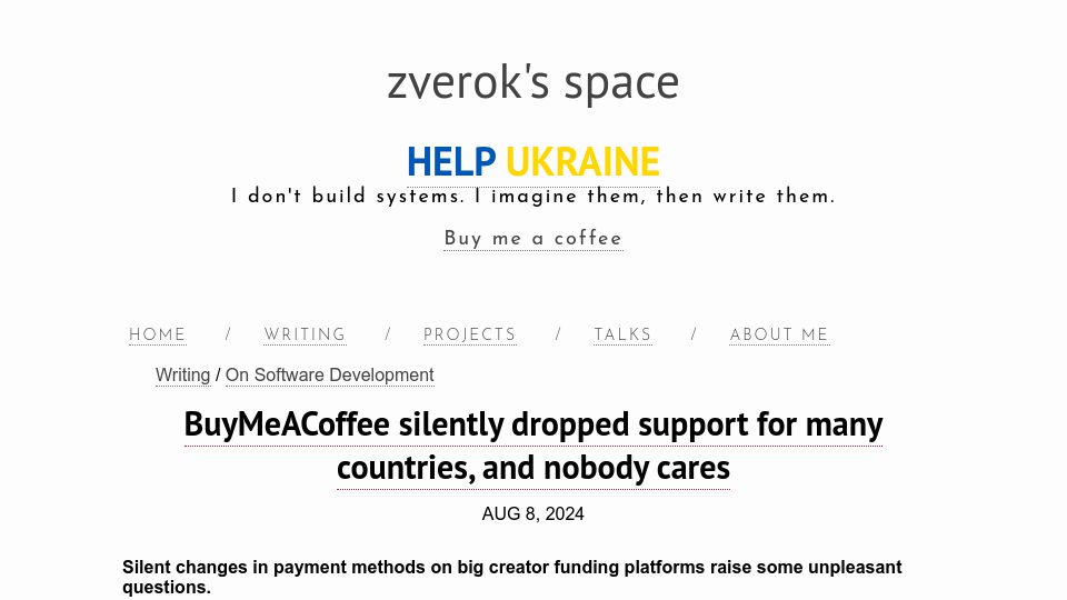 Screenshot of zverok.space: BuyMeACoffee silently dropped support for many countries (2024)