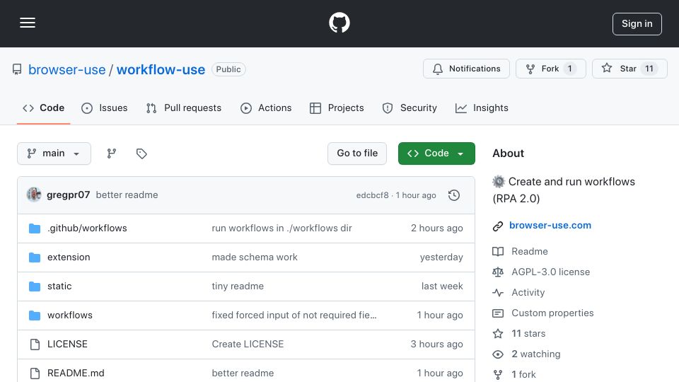 Screenshot of github.com: Show HN: Workflow Use – Deterministic, self-healing browser automation (RPA 2.0)