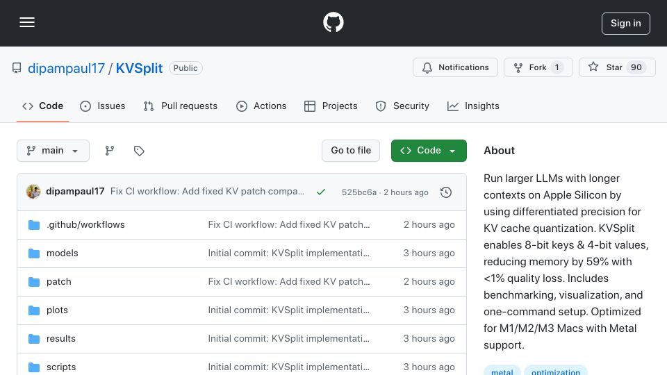 Screenshot of github.com: Show HN: KVSplit – Run 2-3x longer contexts on Apple Silicon