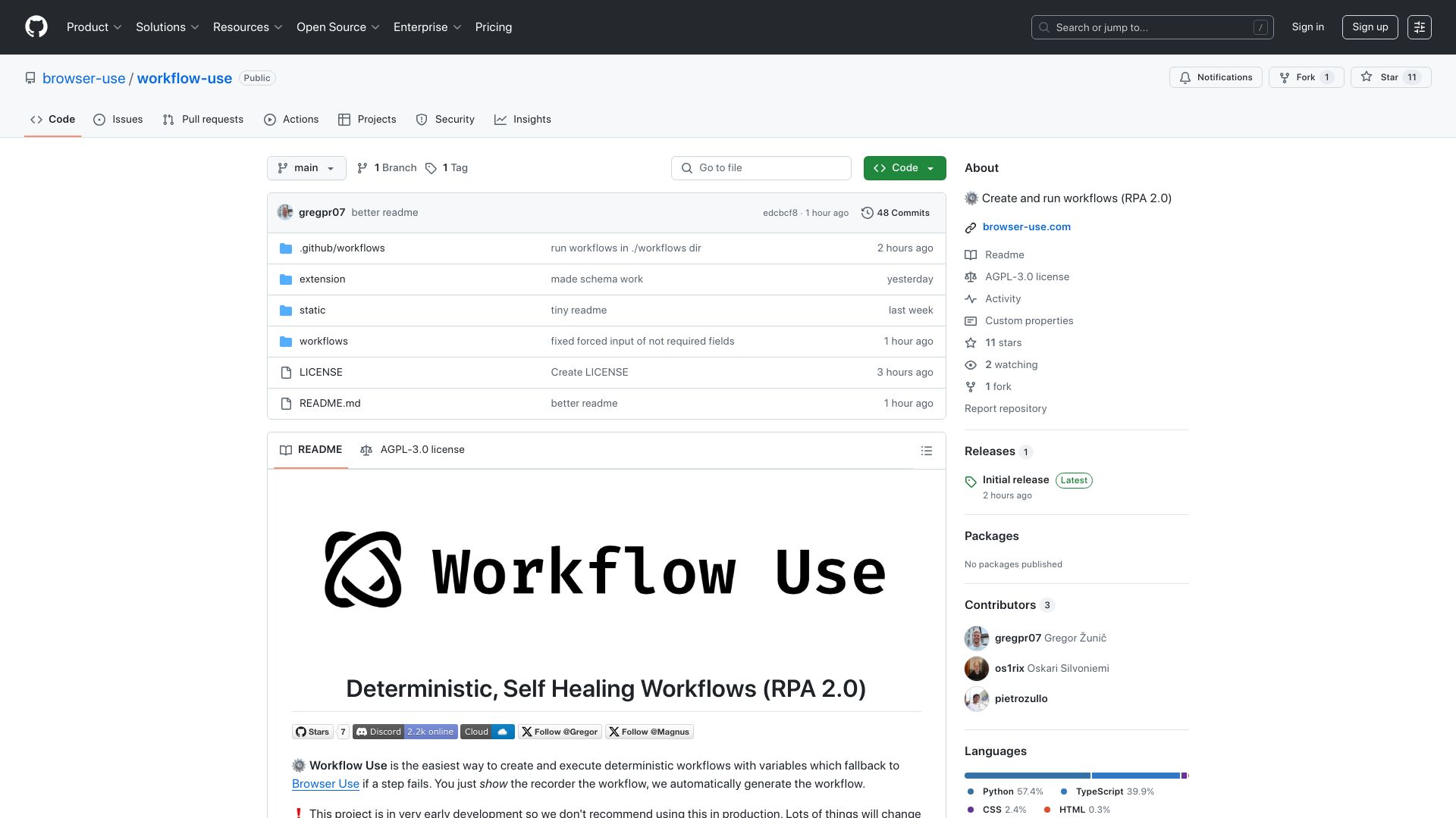 Screenshot of github.com: Show HN: Workflow Use – Deterministic, self-healing browser automation (RPA 2.0)
