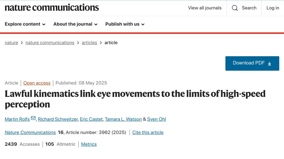 Screenshot of nature.com: Lawful kinematics link eye movements to the limits of high-speed perception