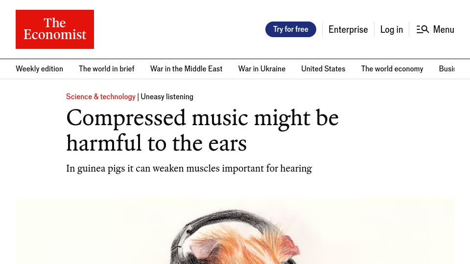 Screenshot of economist.com: Compressed music might be harmful to the ears