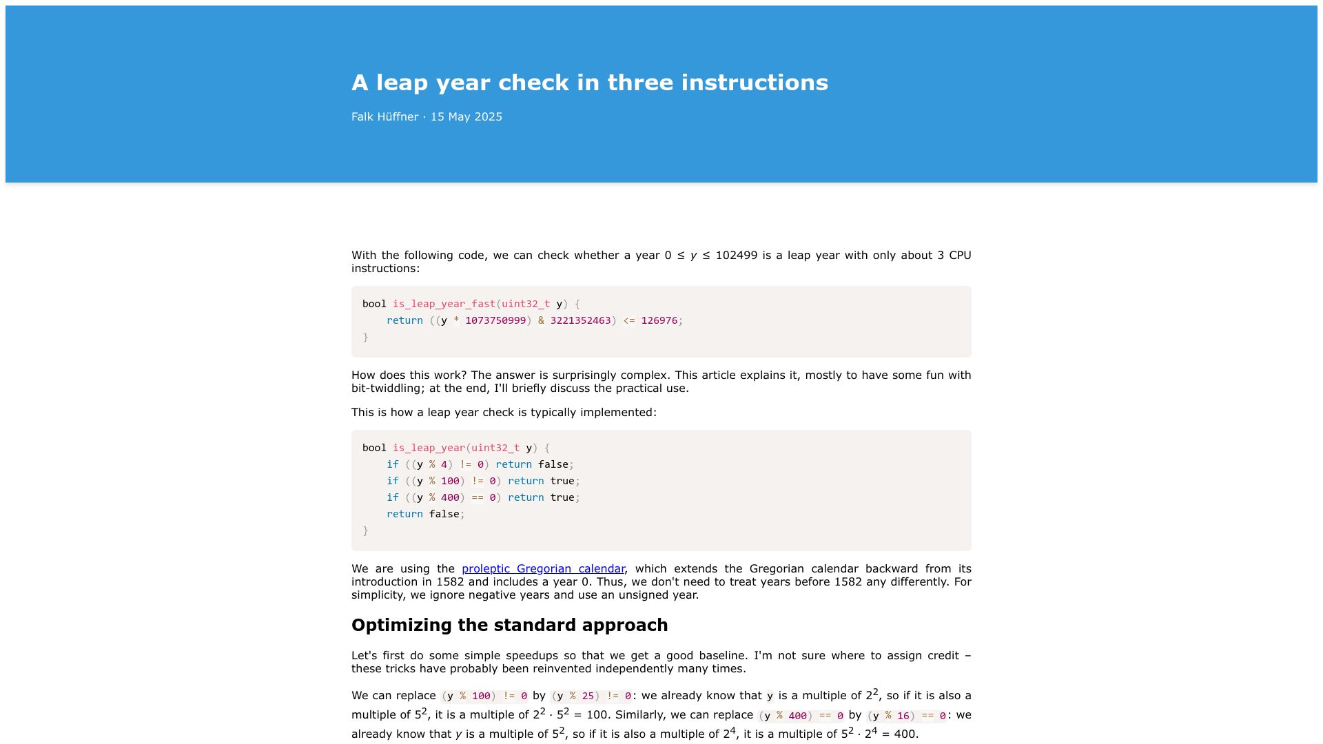 Screenshot of hueffner.de: A leap year check in three instructions