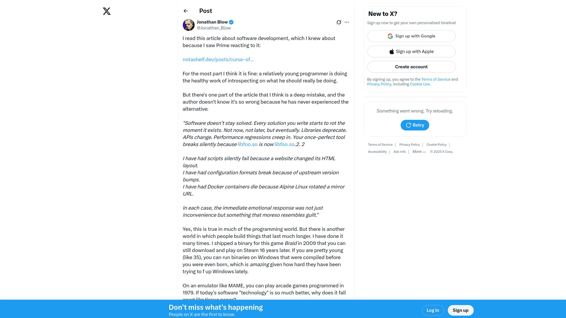 Screenshot of twitter.com: Making code last a long time