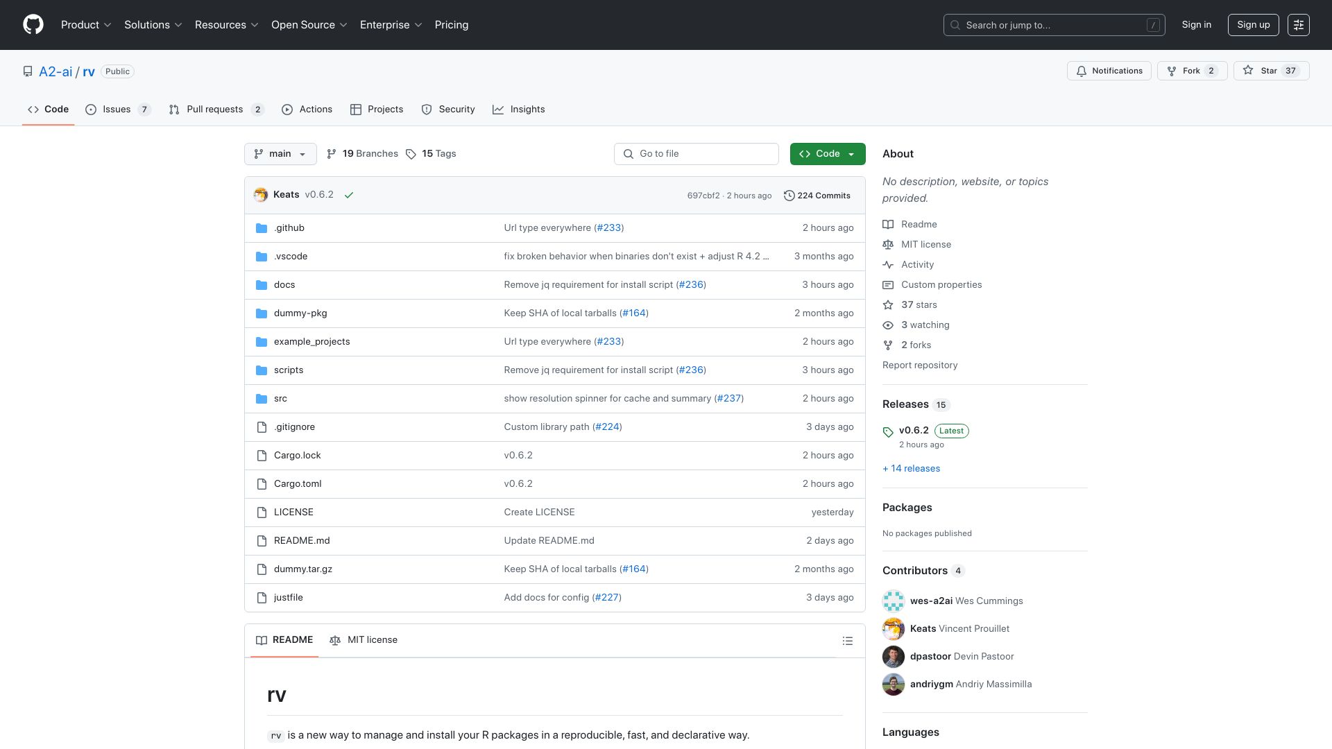 Screenshot of github.com: Show HN: Rv, a Package Manager for R