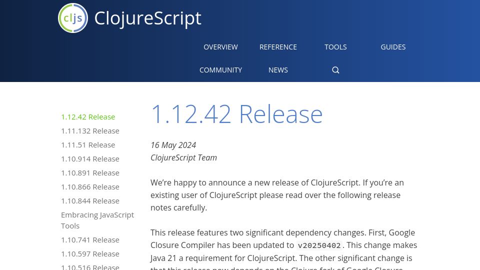 Screenshot of clojurescript.org: ClojureScript 1.12.42