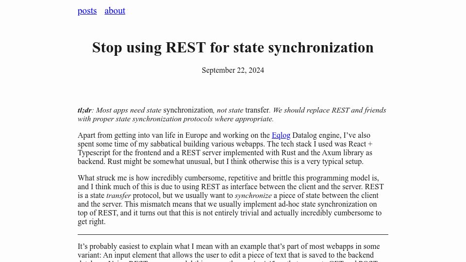 Screenshot of mbid.me: Stop using REST for state synchronization (2024)