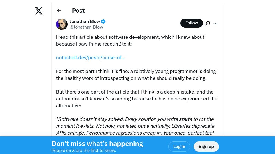 Screenshot of twitter.com: Making code last a long time