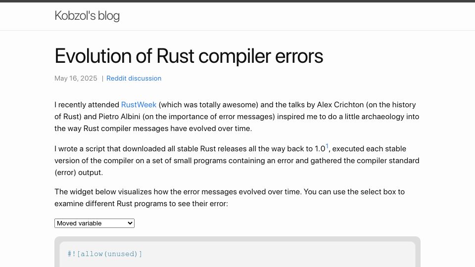 Screenshot of kobzol.github.io: Evolution of Rust Compiler Errors