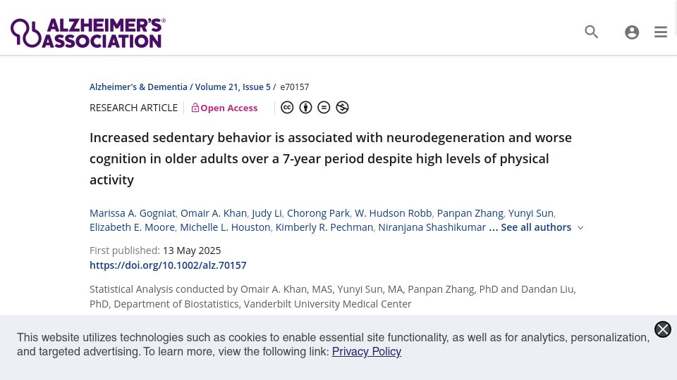 Screenshot of alz-journals.onlinelibrary.wiley.com: Sitting for a long time shrinks your brain even if you exercise
