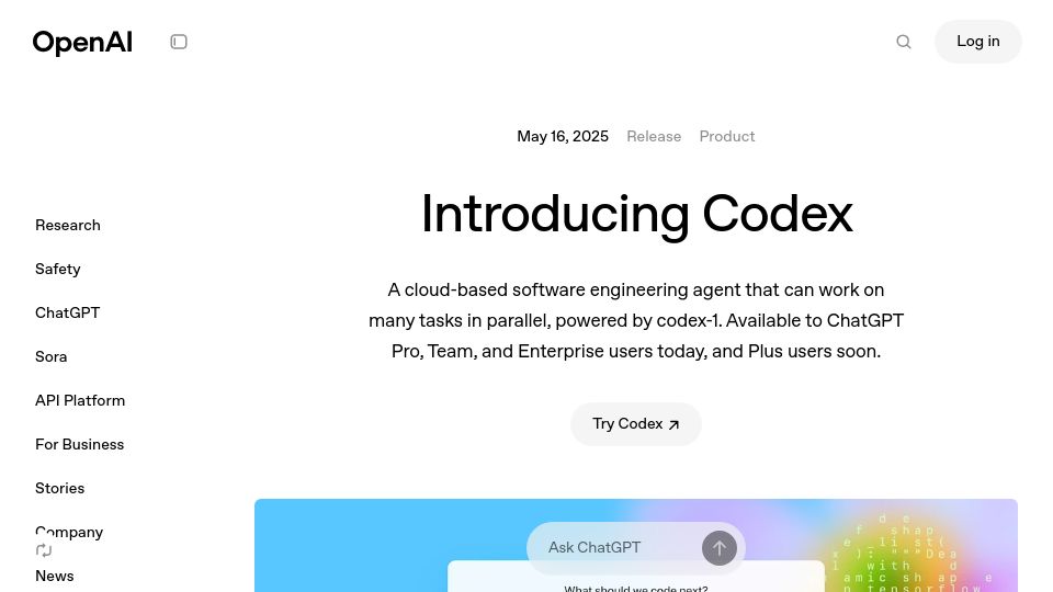 Screenshot of openai.com: A Research Preview of Codex