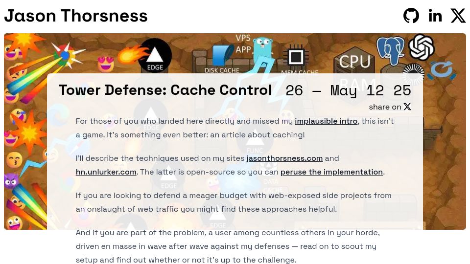 Screenshot of jasonthorsness.com: Tower Defense: Cache Control