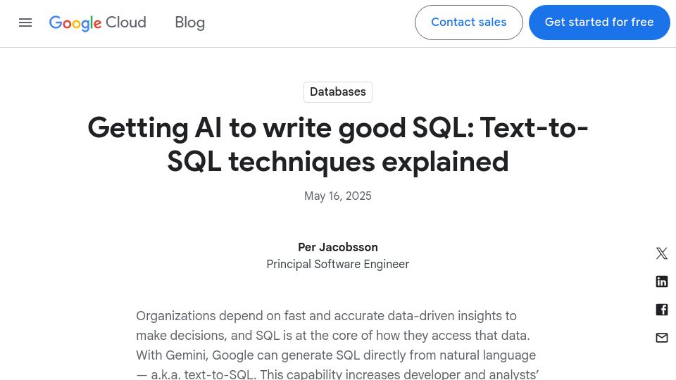 Screenshot of cloud.google.com: Getting AI to write good SQL