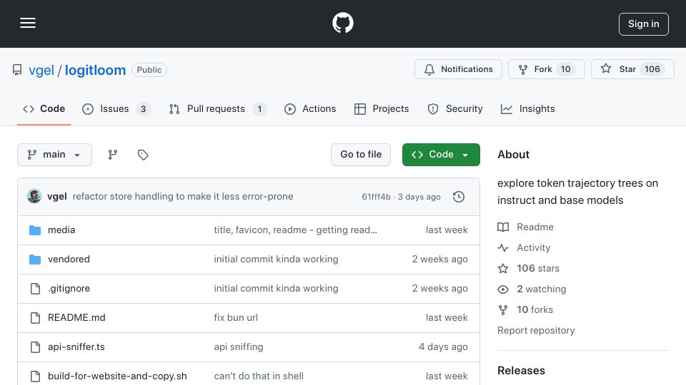 Screenshot of github.com: Logitloom: Explore token trajectory trees on instruct and base models