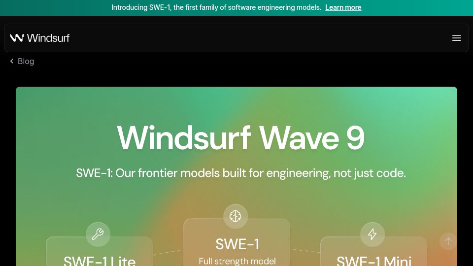 Screenshot of windsurf.com: Windsurf SWE-1: Our First Frontier Models