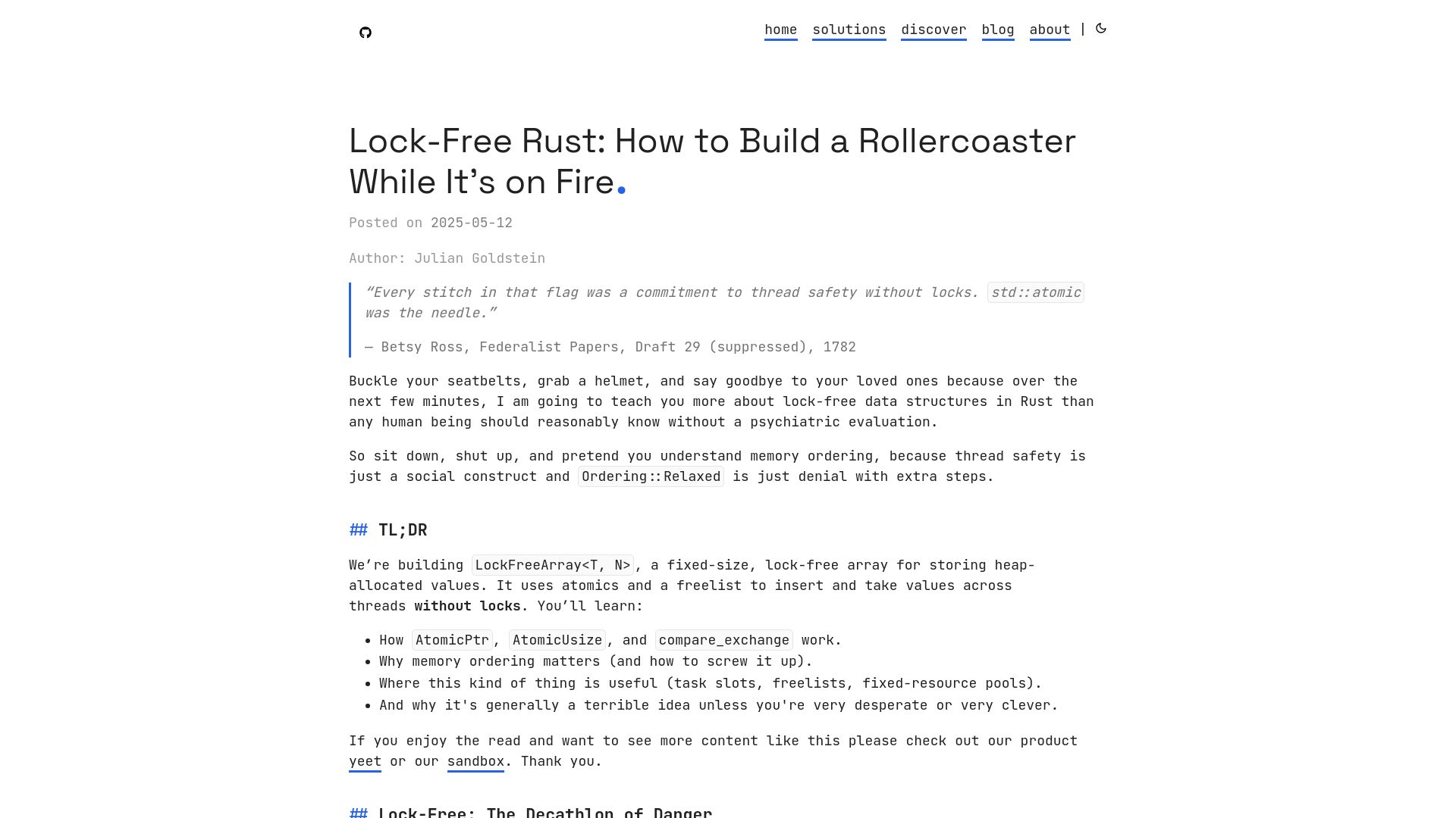 Screenshot of yeet.cx: Lock-Free Rust: How to Build a Rollercoaster While It's on Fire
