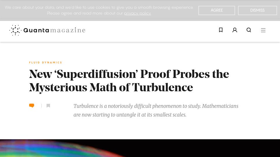 Screenshot of quantamagazine.org: New 'Superdiffusion' Proof Probes the Mysterious Math of Turbulence