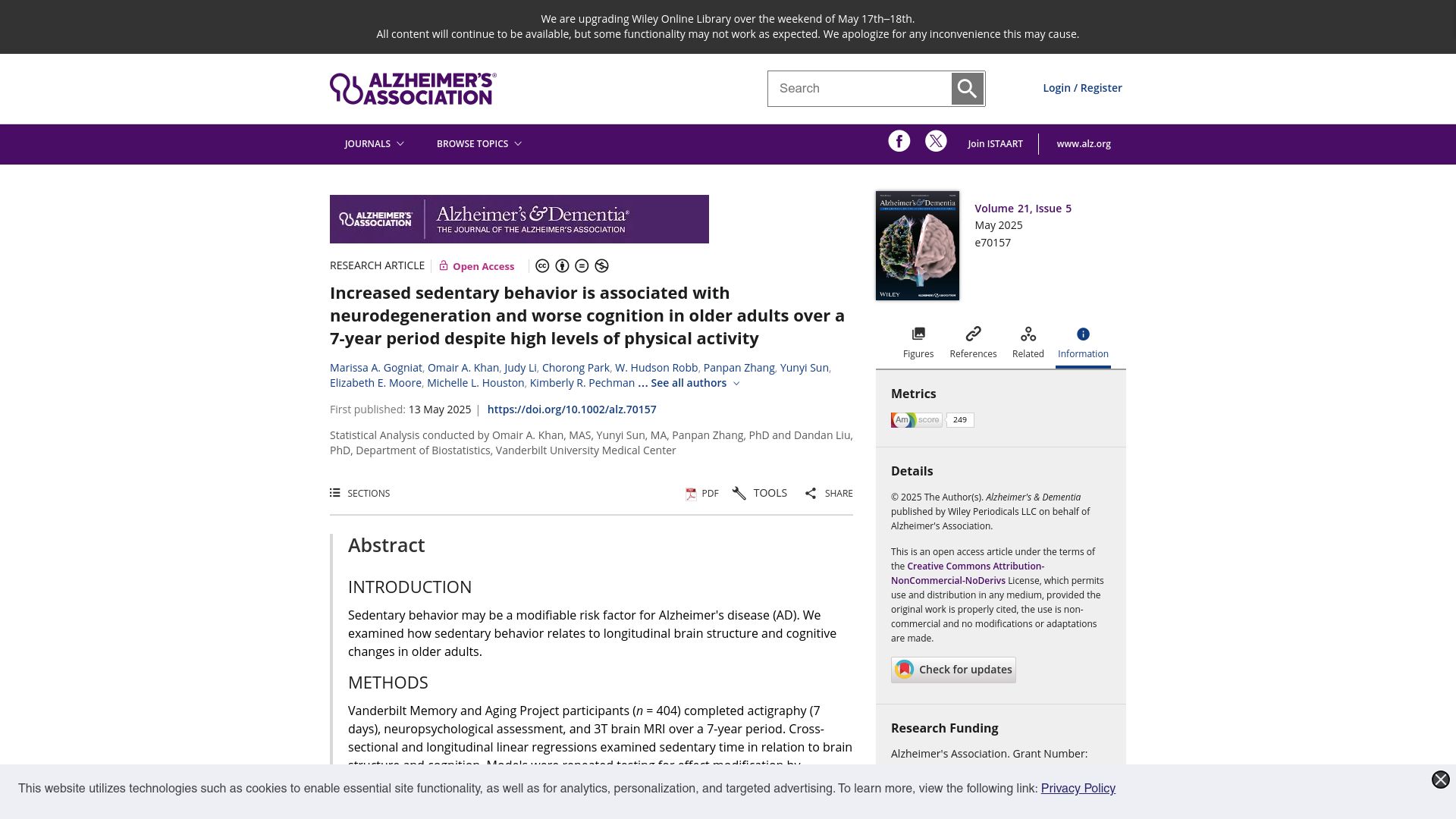 Screenshot of alz-journals.onlinelibrary.wiley.com: Sitting for a long time shrinks your brain even if you exercise