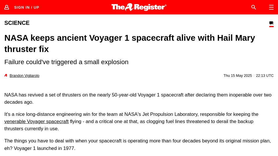 Screenshot of theregister.com: NASA keeps ancient Voyager 1 spacecraft alive with Hail Mary thruster fix