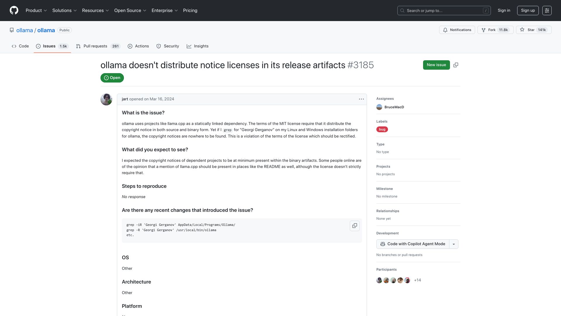 Screenshot of github.com: Ollama violating llama.cpp license for over a year
