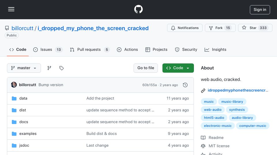 Screenshot of github.com: Cracked – Method chaining/CSS-style selector web audio library