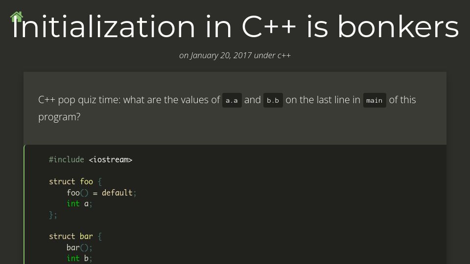 Screenshot of blog.tartanllama.xyz: Initialization in C++ is bonkers (2017)