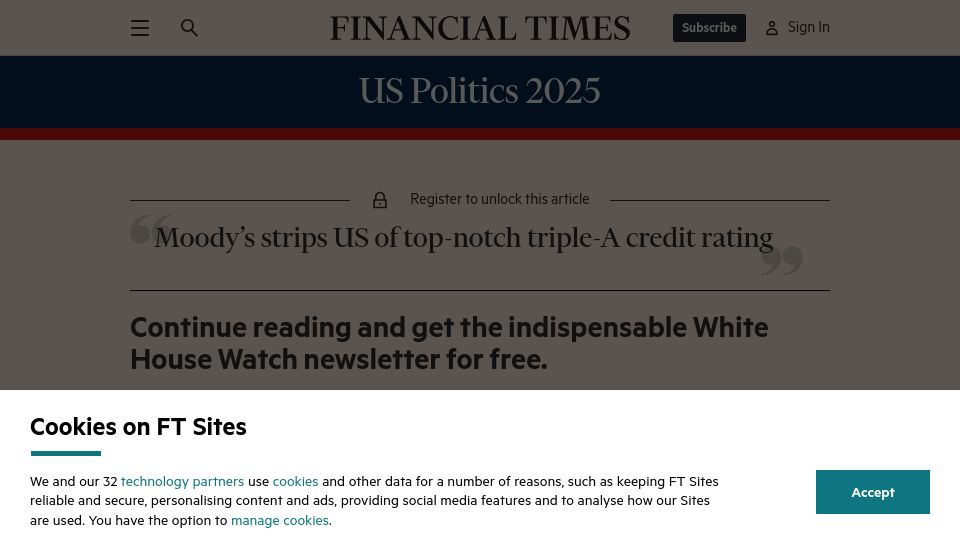Screenshot of ft.com: Moody’s strips U.S. of triple-A credit rating