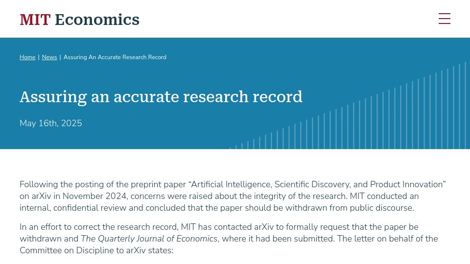 Screenshot of economics.mit.edu: MIT asks arXiv to withdraw preprint of paper on AI and scientific discovery