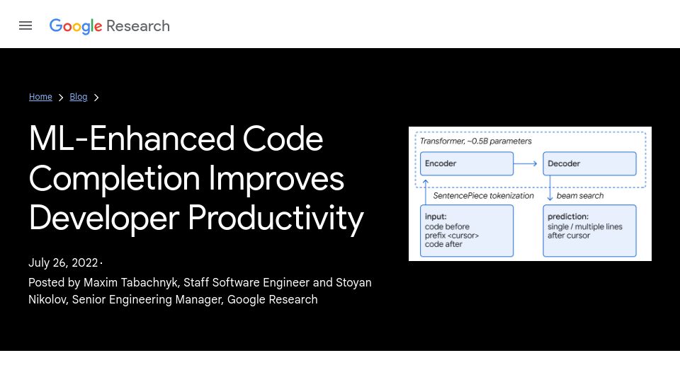 Screenshot of research.google: ML-Enhanced Code Completion Improves Developer Productivity (2022)