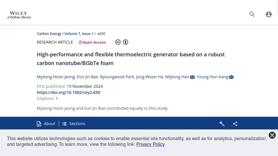 Screenshot of onlinelibrary.wiley.com: Thermoelectric generator based on a robust carbon nanotube/BiSbTe foam