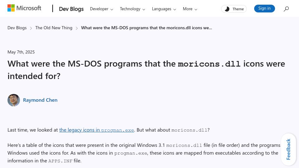 Screenshot of devblogs.microsoft.com: What were the MS-DOS programs that the moricons.dll icons were intended for?