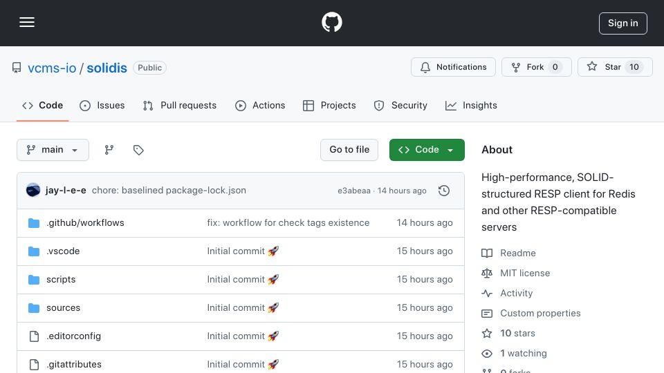 Screenshot of github.com: Show HN: Solidis – Tiny TS Redis client, no deps, for serverless